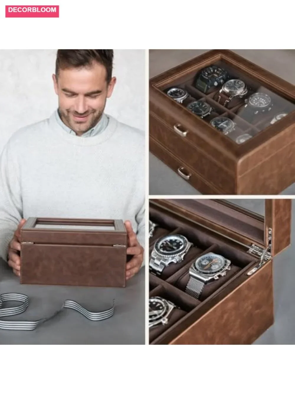 Faux Leather 8 Slot Watch Case with Storage Drawer for Men, Extra-Wide Pillows,
